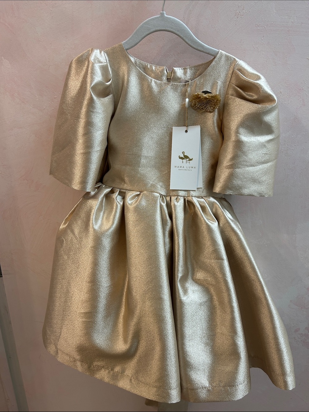 Girls' Gold Metallic Puff Sleeve Party Dress